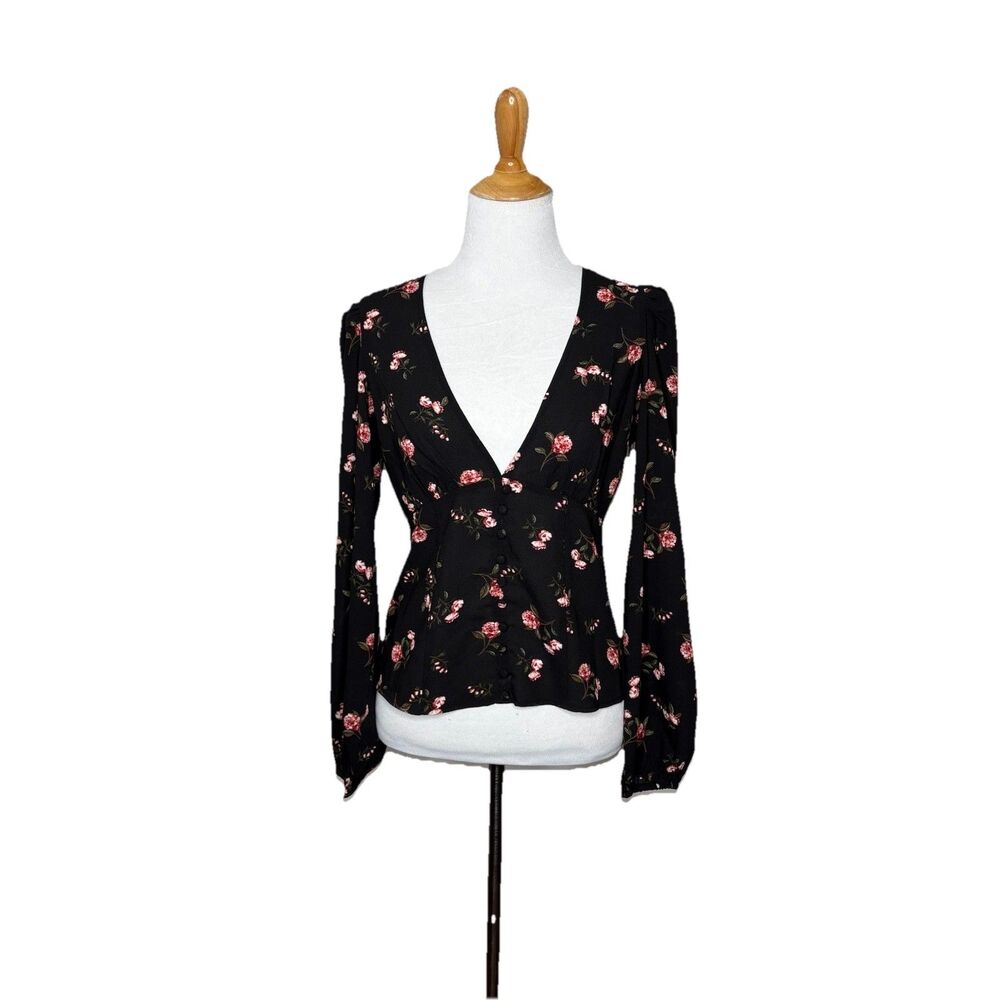 1. State Black Pink Floral Print Deep V-Neck Blouse Button Front Size 2 New NWT